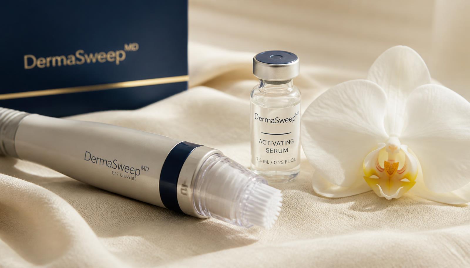DermaSweep MD microdermabrasion handpiece with bristle tip and an infusion serum vial on cream linen at Remedy+ in Grand Rapids.