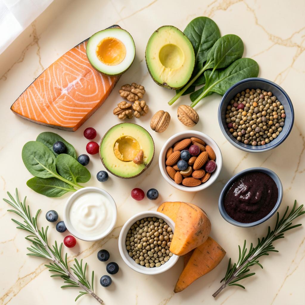 A flat-lay of hair-healthy foods — salmon, avocado, eggs, spinach, walnuts, berries, lentils, sweet potato, and Greek yogurt — for the Remedy+ guide to the top diet for growing hair.
