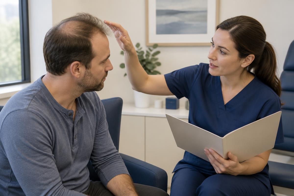 Illustrative hair restoration consultation showing a clinician assessing a man's thinning hair