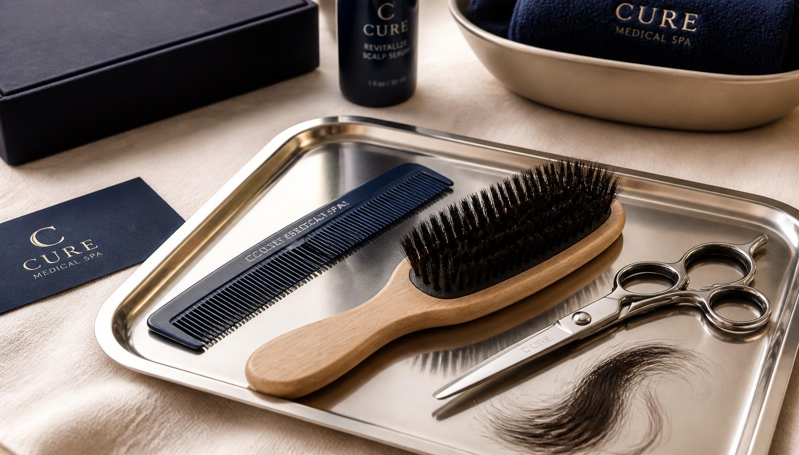 A polished tray with a hairbrush, fine-tooth comb, professional scissors, and loose strands of hair — a still life for the thinning hair guide at Remedy+ Medical Spa in Grand Rapids, Michigan.